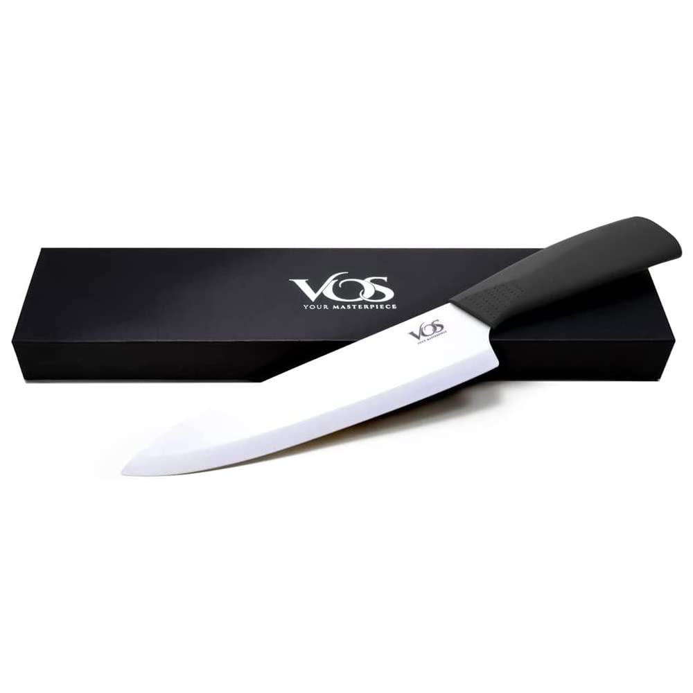 Vos Ceramic Knife 8 Inch Chef with Cover and a Gift Box - Advanced Kitchen Tool for Chefs - Sharp Plain Blade Edge for Cutting, Paring, Slicing, Dicing, Chopping - Ideal for Vegetable, Fruits (Black)