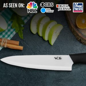 Vos Ceramic Knife 8 Inch Chef with Cover and a Gift Box - Advanced Kitchen Tool for Chefs - Sharp Plain Blade Edge for Cutting, Paring, Slicing, Dicing, Chopping - Ideal for Vegetable, Fruits (Black)