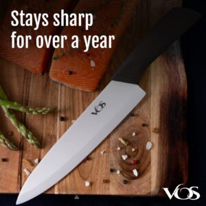 Vos Ceramic Knife 8 Inch Chef with Cover and a Gift Box - Advanced Kitchen Tool for Chefs - Sharp Plain Blade Edge for Cutting, Paring, Slicing, Dicing, Chopping - Ideal for Vegetable, Fruits (Black)