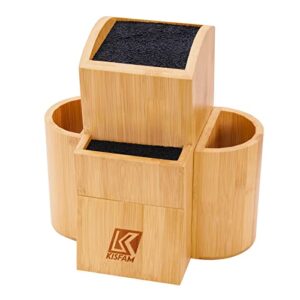 bamboo universal knife block two-tiered slot-less wooden knife stand, knife organizer & holder - convenient safe storage for large & small knives & utensils - easy to clean removable bristles