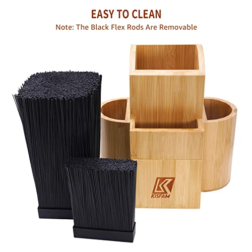 Bamboo Universal Knife Block Two-Tiered Slot-Less Wooden Knife Stand, Knife Organizer & Holder - Convenient Safe Storage for Large & Small Knives & Utensils - Easy to Clean Removable Bristles