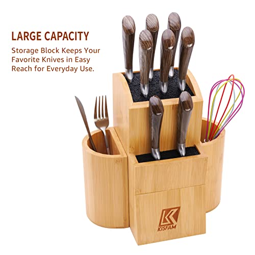 Bamboo Universal Knife Block Two-Tiered Slot-Less Wooden Knife Stand, Knife Organizer & Holder - Convenient Safe Storage for Large & Small Knives & Utensils - Easy to Clean Removable Bristles