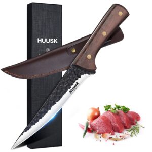 huusk boning knife for meat cutting - 5.7" deboning knife with sheath - japanese high carbon steel fillet knife - hand forged trimming knife - kitchen chef knives for meat, fish, poultry