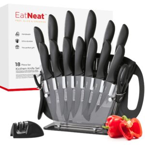 eatneat 18 piece chef's knife set: stainless steel kitchen knives, cutting board, sharpener, scissors, peeler, & holder - essential cooking utensils for home & apartment