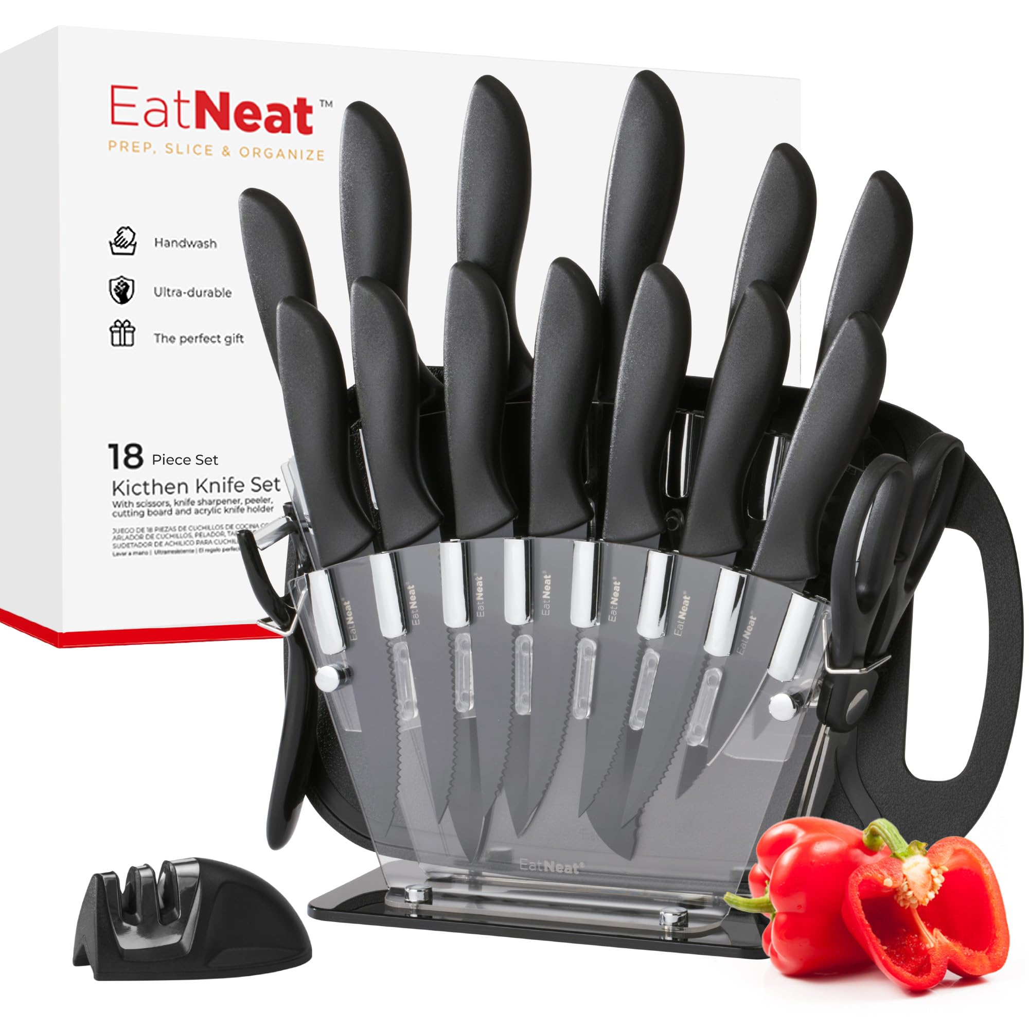 EatNeat 18 Piece Chef's Knife Set: Stainless Steel Kitchen Knives, Cutting Board, Sharpener, Scissors, Peeler, & Holder - Essential Cooking Utensils for Home & Apartment