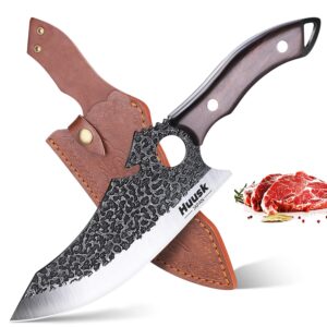 Huusk Japan Knife for Meat Cutting, Caveman Knives for Vegetables Butcher Knife with Full Tang Handle Viking Knife with Opener & Sheath for Kitchen BBQ Camping Outdoor, Christmas Gift