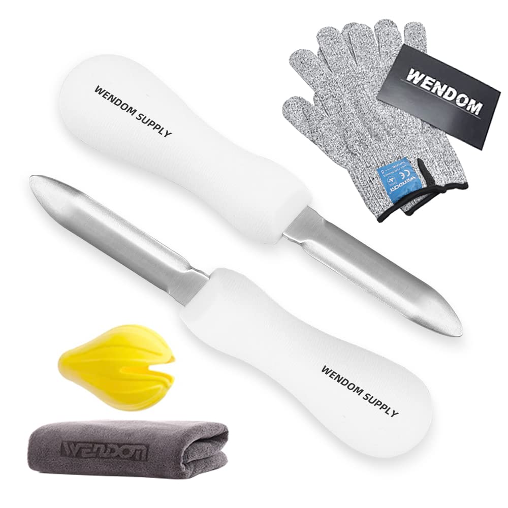 WENDOM Oyster Shucking Knife and Gloves Set Included 2pcs Oyster Shucker Opener New Haven Style, Cut Resistant Glove Professional Guard (1Cloth+1Squeezer)