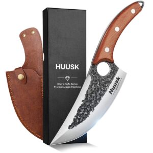 huusk chef knife, upgraded viking knives with sheath hand forged meat cleaver knife japanese butcher knife curved boning knife for meat cutting cooking knife for kitchen and outdoor camping, bbq