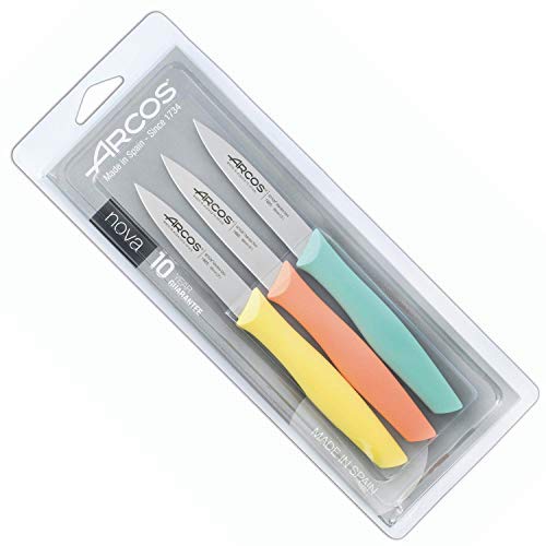 Arcos Paring Knife Set of 3 Pieces 4 Inch Stainless Steel. Colorful Kitchen Knives for Peeling Fruits and Vegetables. Ergonomic Polypropylene Handle. Series Nova. Color Orange, Yellow and Blue.