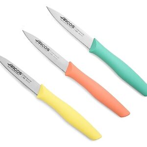 Arcos Paring Knife Set of 3 Pieces 4 Inch Stainless Steel. Colorful Kitchen Knives for Peeling Fruits and Vegetables. Ergonomic Polypropylene Handle. Series Nova. Color Orange, Yellow and Blue.