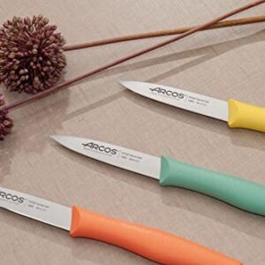 Arcos Paring Knife Set of 3 Pieces 4 Inch Stainless Steel. Colorful Kitchen Knives for Peeling Fruits and Vegetables. Ergonomic Polypropylene Handle. Series Nova. Color Orange, Yellow and Blue.