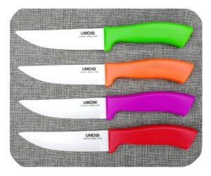 umogi ceramic steak knives set of 4 with covers in gift box - utility knife large size - healthy stain resistant & rust proof - dishwasher safe - best for meat tomatoes vegetables fruits bbq