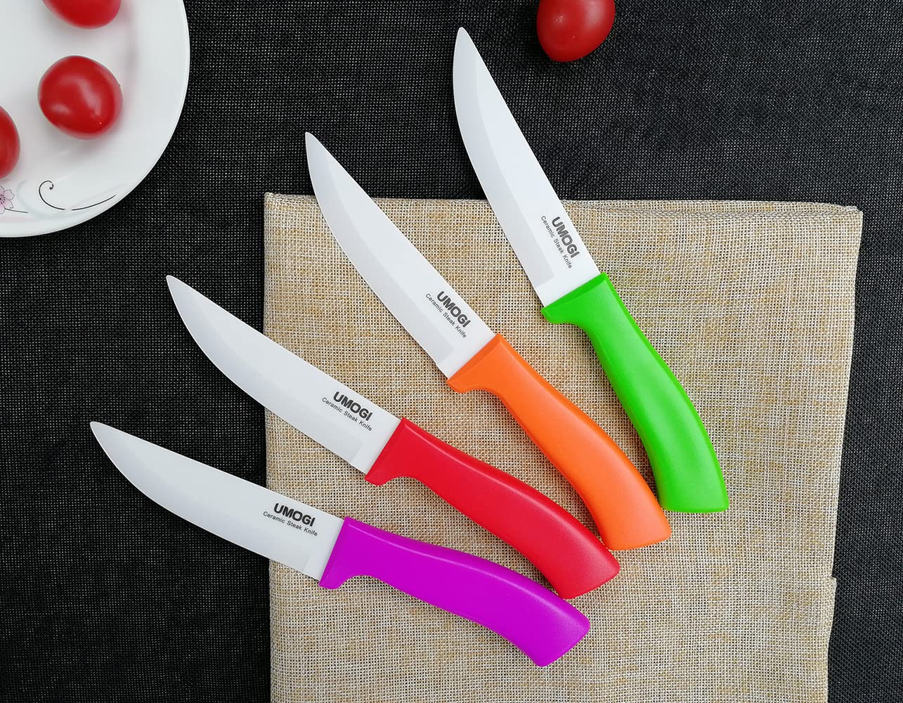 UMOGI Ceramic Steak Knives Set of 4 with Covers in Gift Box - Utility Knife Large Size - Healthy Stain Resistant & Rust Proof - Dishwasher Safe - Best for Meat Tomatoes Vegetables Fruits BBQ