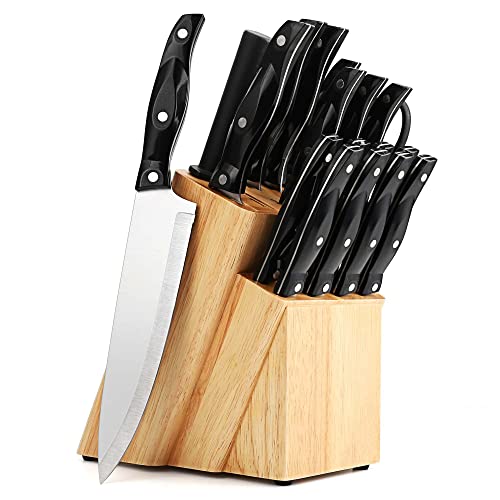 Wodillo Knife Set, 19 Pieces Kitchen Knife Set with Wooden Block, German Stainless Steel Sharp Chef Knife Set, Knife handle with Triple Rivet, Ultra Sharp