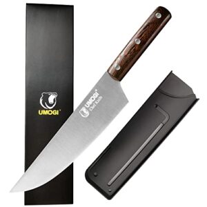 umogi premium 8 inch chef’s knife with sheath - german high carbon stainless steel - full tang natural wooden handle ergonomic grip,ultra sharp - best for slicing meats roasts vegetable & fruits