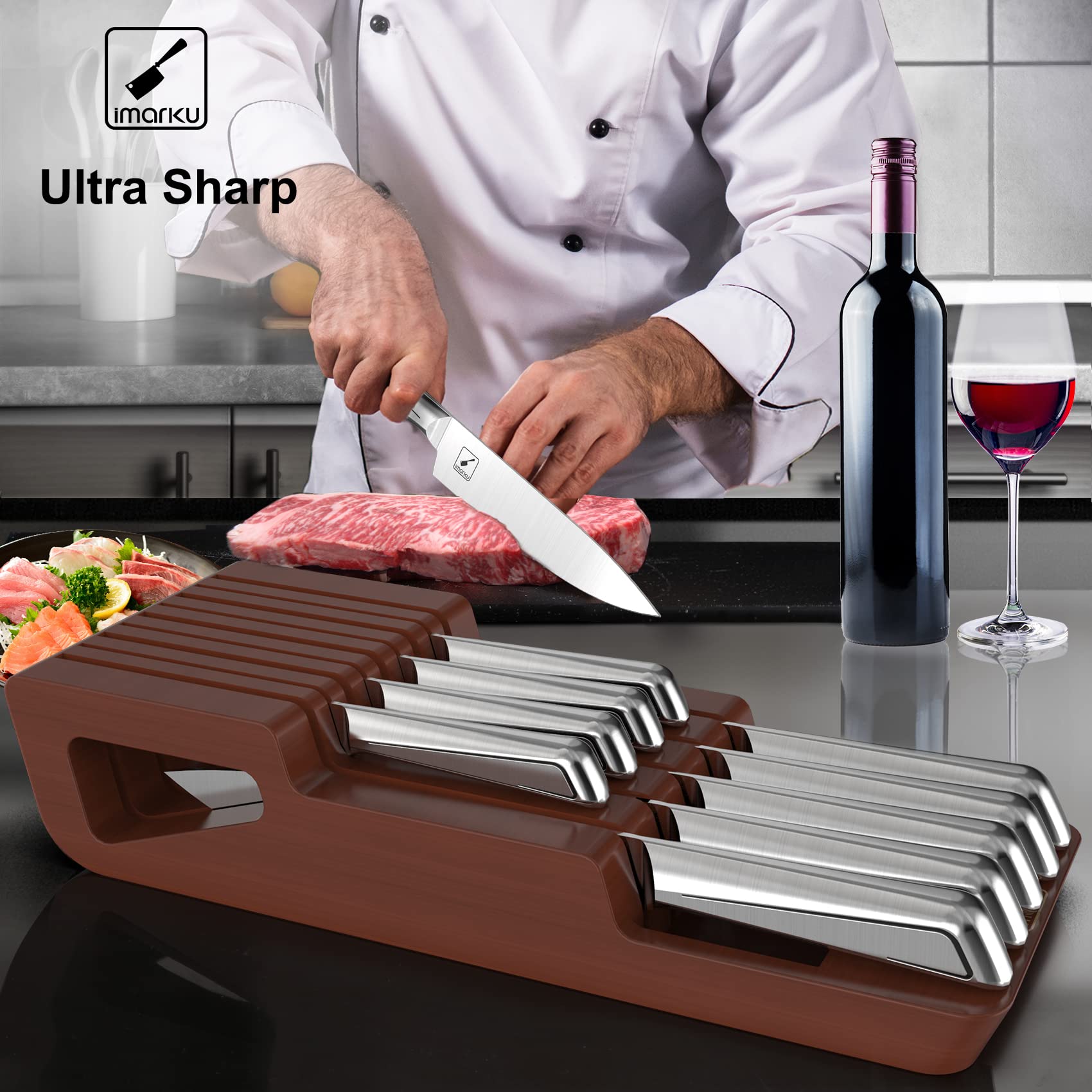 imarku Knife Set, 10 PCS High Carbon Japanese Stainless Steel Knife Block Set, Kitchen Knife Set with Wooden Drawer Organizer, Dishwasher Safe, Ultra Sharp Chef Knife Set, Gifts for Women Men