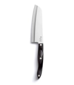 cutco cutlery model 1766 santoku knife. 7.0" high carbon stainless straight edge blade.5.6" classic brown handle (sometimes called "black") in factory-sealed plastic bag.