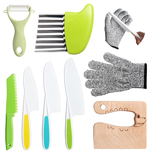 8 Pieces Kids Knife Set，Wooden Kids Kitchen Knives Set include 4 Plastic Toddler Safe Knives/Crinkle Cutter/Kids Cutting Board/Y-Peeler/Resistant Gloves for Cutting Veggies Fruit Cake Salad Bread