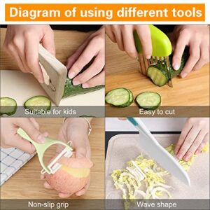 8 Pieces Kids Knife Set，Wooden Kids Kitchen Knives Set include 4 Plastic Toddler Safe Knives/Crinkle Cutter/Kids Cutting Board/Y-Peeler/Resistant Gloves for Cutting Veggies Fruit Cake Salad Bread