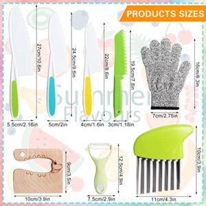 8 Pieces Kids Knife Set，Wooden Kids Kitchen Knives Set include 4 Plastic Toddler Safe Knives/Crinkle Cutter/Kids Cutting Board/Y-Peeler/Resistant Gloves for Cutting Veggies Fruit Cake Salad Bread