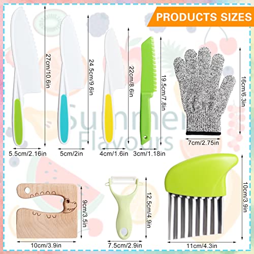 8 Pieces Kids Knife Set，Wooden Kids Kitchen Knives Set include 4 Plastic Toddler Safe Knives/Crinkle Cutter/Kids Cutting Board/Y-Peeler/Resistant Gloves for Cutting Veggies Fruit Cake Salad Bread