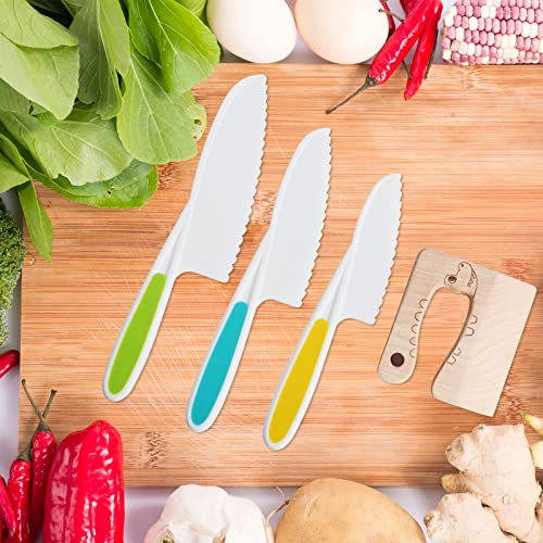 8 Pieces Kids Knife Set，Wooden Kids Kitchen Knives Set include 4 Plastic Toddler Safe Knives/Crinkle Cutter/Kids Cutting Board/Y-Peeler/Resistant Gloves for Cutting Veggies Fruit Cake Salad Bread