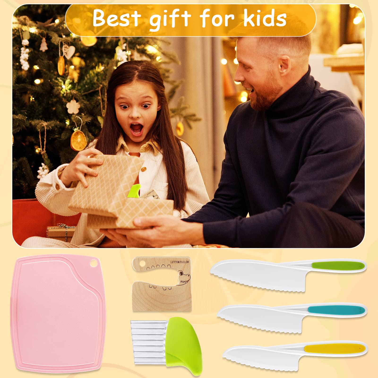 6 Pieces Kids Knife Set Include Wooden Toddler Knife Crinkle Cutter for Veggies Nylon kids knifes for Real Cooking Montessori Kitchen Tools for Toddlers With Cutting Board