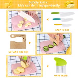 6 Pieces Kids Knife Set Include Wooden Toddler Knife Crinkle Cutter for Veggies Nylon kids knifes for Real Cooking Montessori Kitchen Tools for Toddlers With Cutting Board