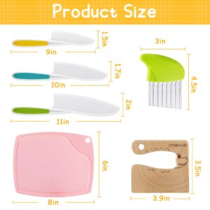 6 Pieces Kids Knife Set Include Wooden Toddler Knife Crinkle Cutter for Veggies Nylon kids knifes for Real Cooking Montessori Kitchen Tools for Toddlers With Cutting Board