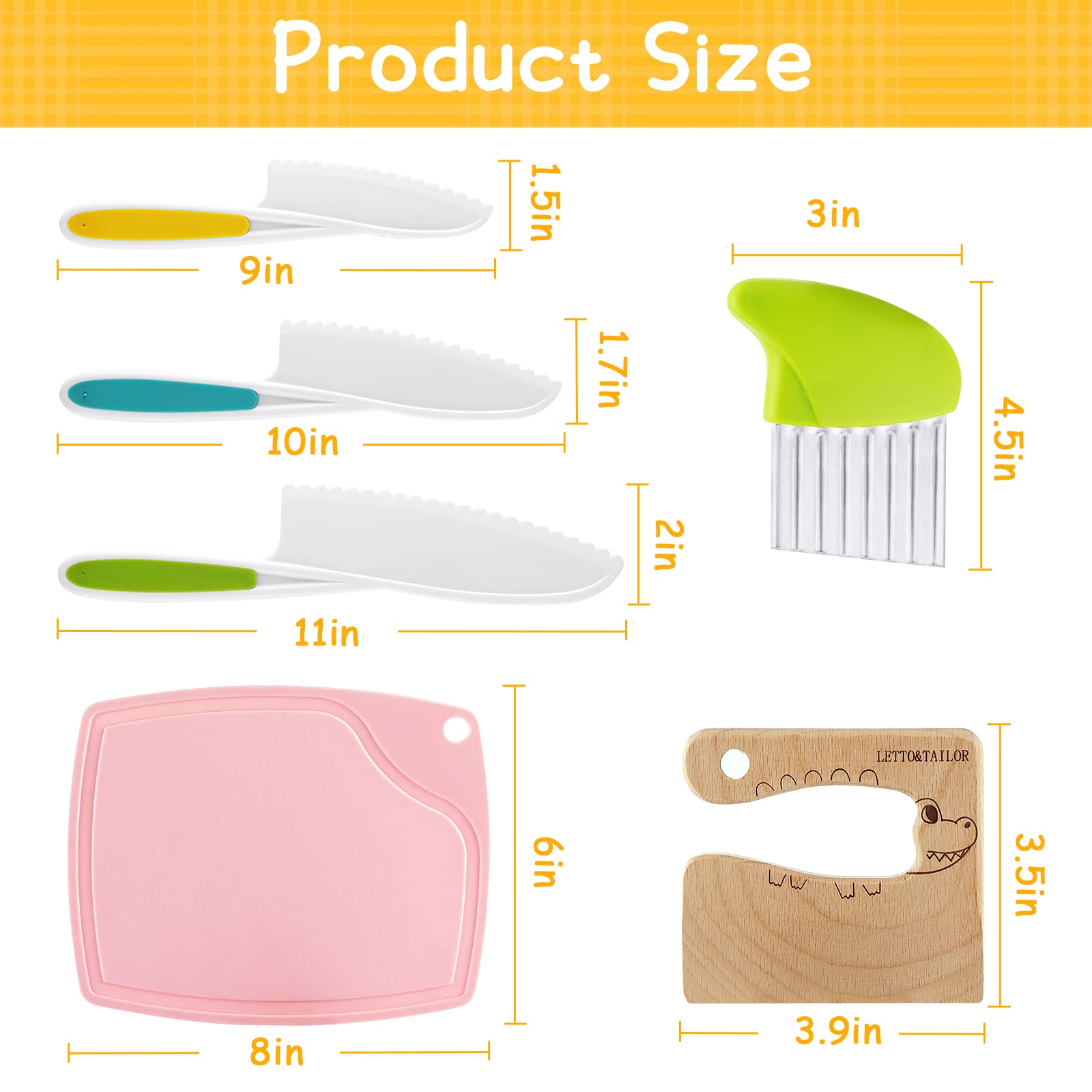 6 Pieces Kids Knife Set Include Wooden Toddler Knife Crinkle Cutter for Veggies Nylon kids knifes for Real Cooking Montessori Kitchen Tools for Toddlers With Cutting Board