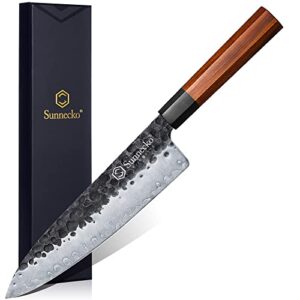 sunnecko japanese gyuto chef knife - 8 inch chefs knife for kitchen,3 layers 9cr18mov high carbon steel sharp cutting knife,hand forged hammered pattern