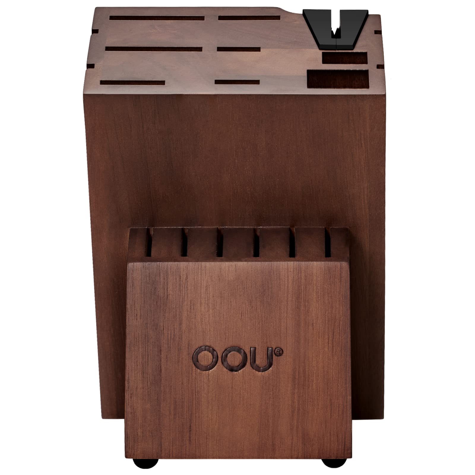 OOU! Home Knife Storage Block, Walnut Wooden Knife Block Holder, Universal Kitchen Knife Blocks with Built-in Sharpener, 14 Slots Knife Holder for Kitchen Counter, Without Knives