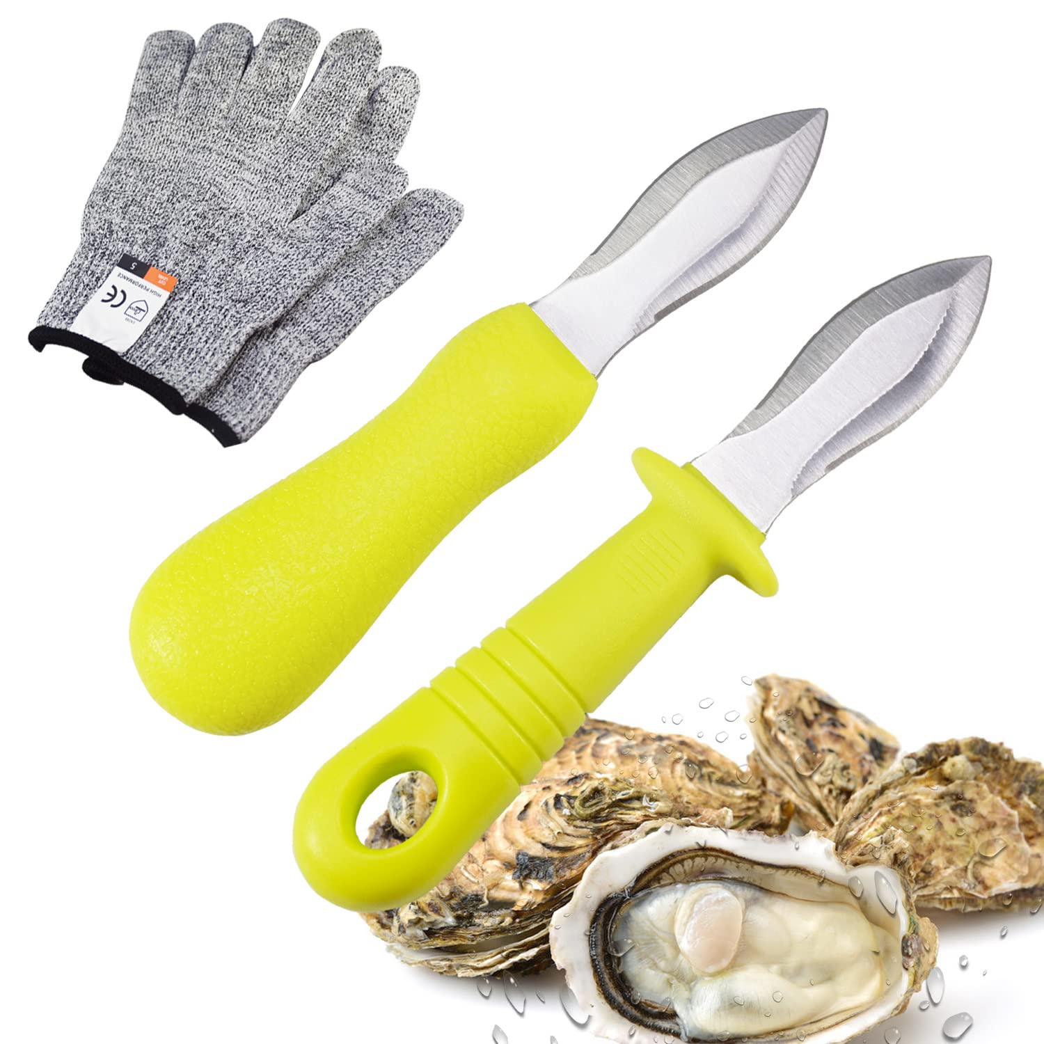 YIVCKOM Oyster Shucking Knife, Oyster Shucking Kit, Oyster Knife with Stainless Steel Blade and Non-slip Handle, Oyster Shucking Knife Set (2 Knives +2 Gloves)