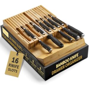 high-grade 100% bamboo knife drawer organizer - 16 knife slots plus a sharpener slot, knife organizer for kitchen organization, durable, secured, practical, eco-friendly, knife block without knives.