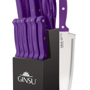 Ginsu Kiso 14-Piece Purple Knife Set with Black Block - Dishwasher Safe and Always Sharp