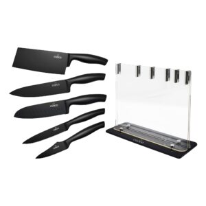 cuoco black knife set with block 5 pieces, modern knife set with cleaver, santoku knife, and chef knife, all black knife set with extreme sturdiness and superior longevity