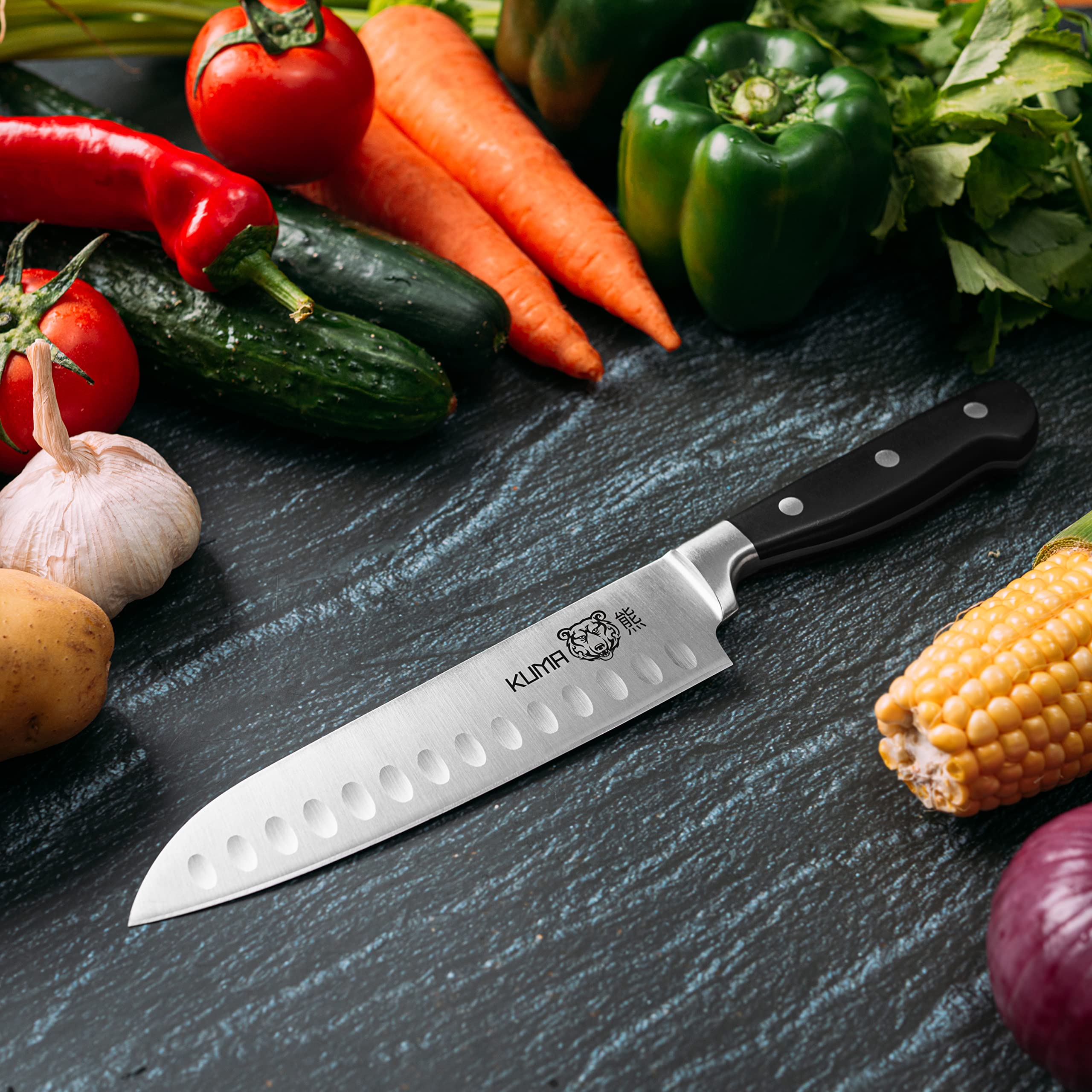 KUMA Santoku 7 Inch - Razor Sharp Kitchen Knife - Japanese Style Multipurpose Chef's Knife with Comfortable Handle & No-Fatigue Design - Cut Meat, Fish, Vegetables and More Like a Professional