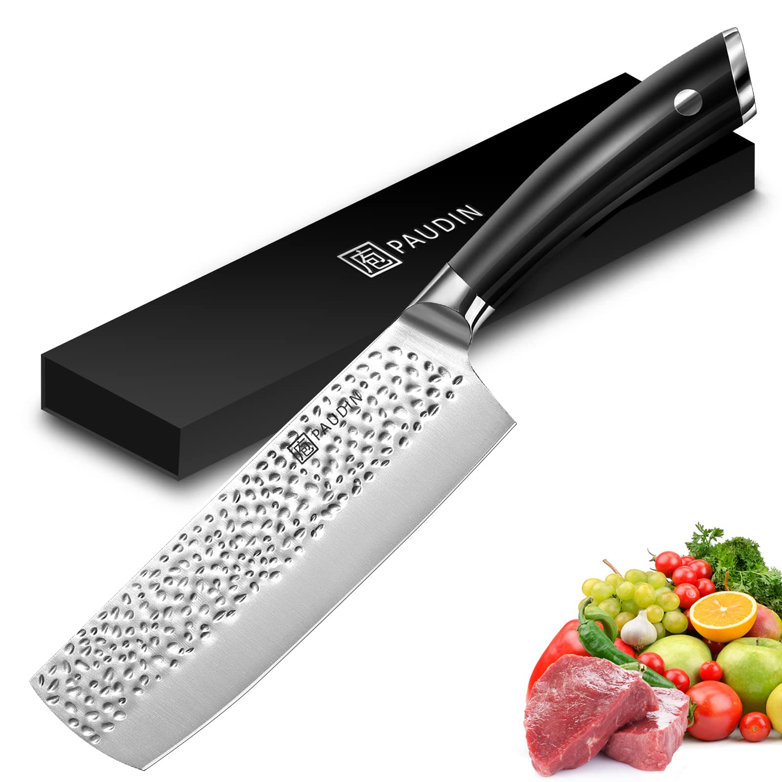 PAUDIN Nakiri Knife, High Carbon Stainless Steel Cleaver Knife 7 Inch Forged Blade, Super Sharp Edge Meat Cleaver with Ergonomic Black Full Tang ABS Handle, Vegetable Knife for Home and Kitchen