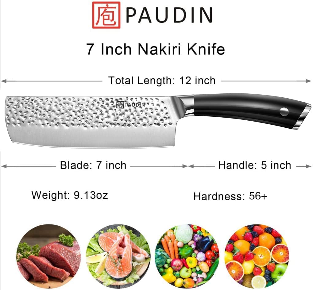 PAUDIN Nakiri Knife, High Carbon Stainless Steel Cleaver Knife 7 Inch Forged Blade, Super Sharp Edge Meat Cleaver with Ergonomic Black Full Tang ABS Handle, Vegetable Knife for Home and Kitchen