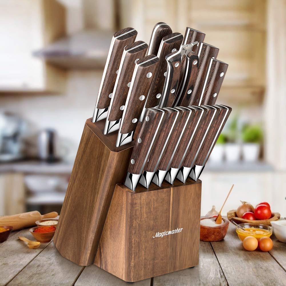 21 Packs Knife Set with Block, 2023 Kitchen Knife Set Sharpener Rod & Finger Guard, Germany High Carbon Stainless Steel Chef Knife Block Set, Ultra Sharp Forged, Brown