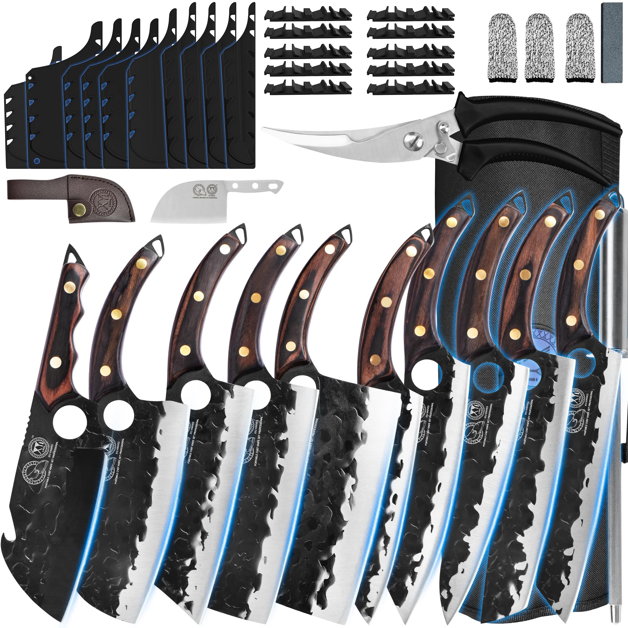 XYJ 10-pcs Kitchen Knife Set,Forged Chef Knives,Vegetable Meat Cleaver,Carving,Nakiri,Full Tang,Cutlery Knife With Carry Bag,&Poultry Scissor (Coffee)