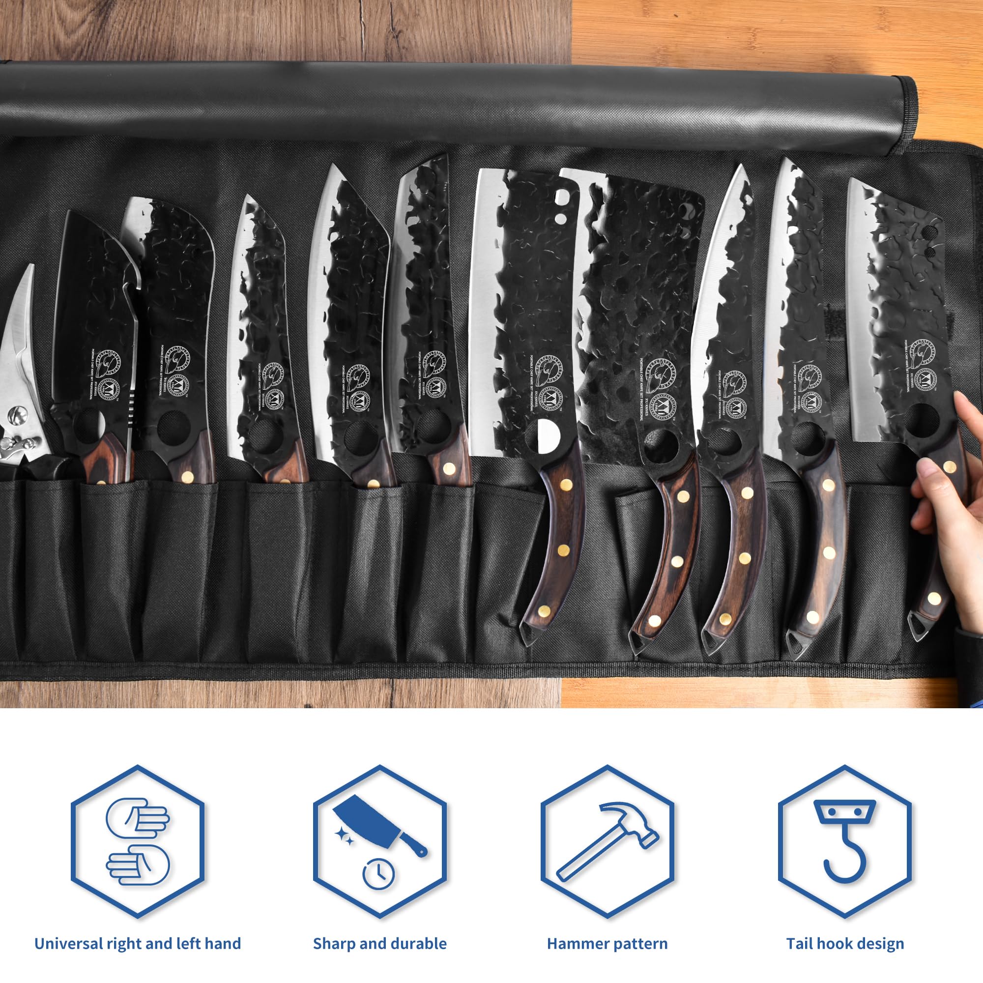 XYJ 10-pcs Kitchen Knife Set,Forged Chef Knives,Vegetable Meat Cleaver,Carving,Nakiri,Full Tang,Cutlery Knife With Carry Bag,&Poultry Scissor (Coffee)