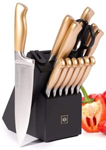 black and gold knife set with block - gold handle knife set with self sharpening kitchen knife holder - black and gold kitchen accessories