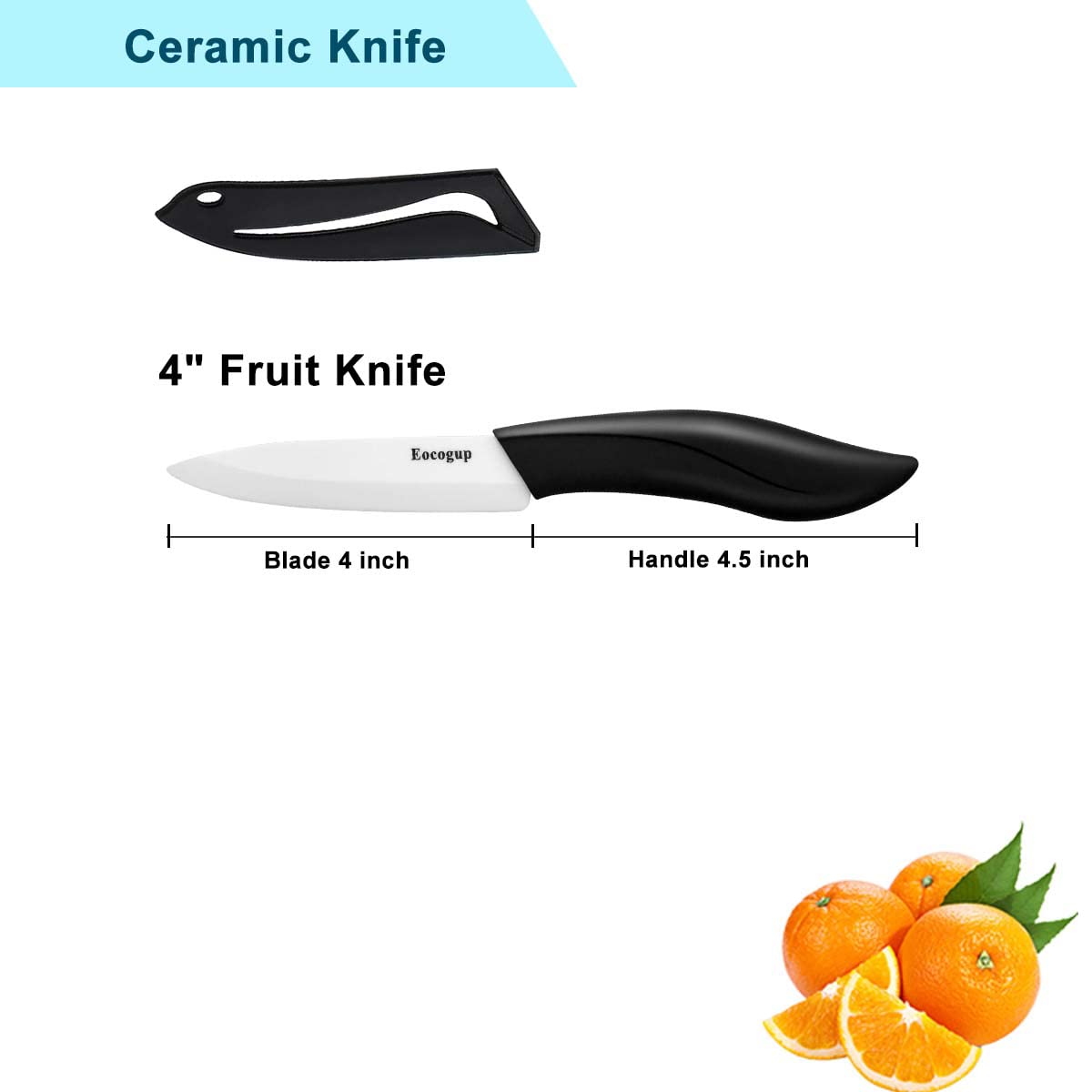 Eocogup Paring Knife, Large Handle and Super Sharp Ceramic Knife Blade of 4 Inch,Rust Proof Stain Resistant,ABS Handle(Black).