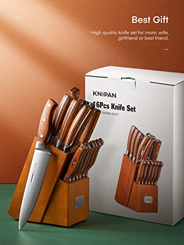 Knipan Kitchen Knife Sets with Block, 16PCS Professional Stainless Steel Forged Chef Knife Block Set, Ultra Sharp Knives with Wood Handle, Brown