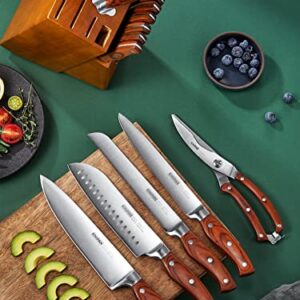 Knipan Kitchen Knife Sets with Block, 16PCS Professional Stainless Steel Forged Chef Knife Block Set, Ultra Sharp Knives with Wood Handle, Brown