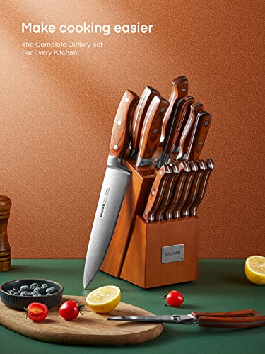 Knipan Kitchen Knife Sets with Block, 16PCS Professional Stainless Steel Forged Chef Knife Block Set, Ultra Sharp Knives with Wood Handle, Brown