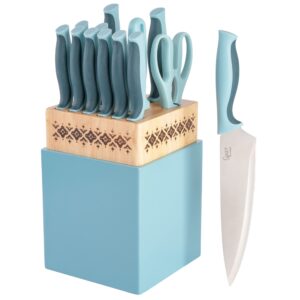 spice by tia mowry savory saffron 14 piece cutlery knife block set - aqua blue