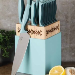 Spice by Tia Mowry Savory Saffron 14 Piece Cutlery Knife Block Set - Aqua Blue