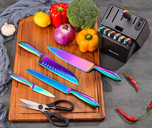 WELLSTAR Rainbow Knife Set 14 Pieces, Iridescent German Stainless Steel Kitchen Knives Set with Wooden Block, Colorful Titanium Coating, Chef’s Knife Block Set with Scissors and Built-in Sharpener